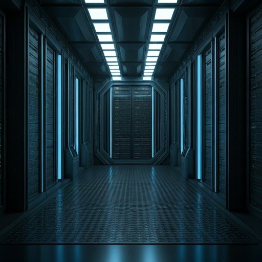 Secure data server vault with blue neon lighting